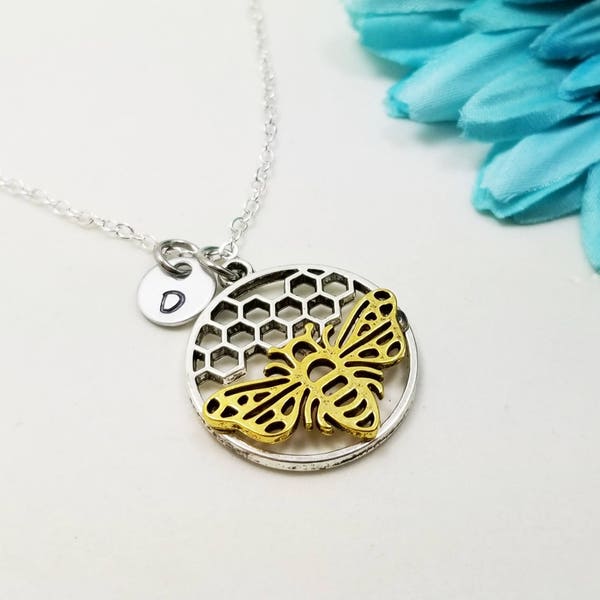 Bee Necklace, Initial Gift, Personalized Necklace, Queen Bee Jewelry, Honeycomb Necklace, Honeybee Necklace, Honey Bee Charm, Gift for Mom