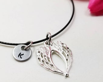 Angel Wing Bangle, Guardian Angel Bracelet, Initial Bracelet, Personalized Bracelet, Angel Wing Bracelet, Angel Gift, Remembrance Bracelet