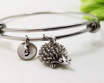 Hedgehog Bangle, Hedgehog Bracelet, Initial Bracelet, Personalized Bracelet, Animal Lover Bracelet, Hedgehog Charm Gift, Animal Lover Gift