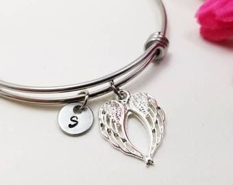 Angel Wing Bracelet, Angel Wing Bangle, Initial Charm Gift, Charm Bracelet, Inspirational Bracelet, Personalized Gift, Guardian Angel Bangle