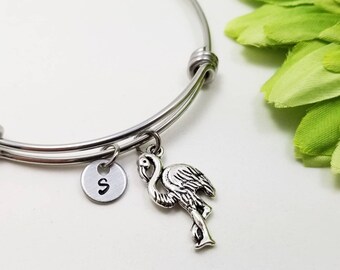 Flamingo Bangle, Flamingo Bracelet, Initial Bracelet, Personalized Bracelet, Flamingo Bangle Bracelet, Silver Flamingo, Best Friend Gift
