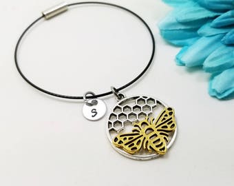 Bee Bangle, Bee Bracelet, Initial Bracelet, Personalized Bracelet, Queen Bee Bracelet, Honeycomb Bracelet Gift, Honeybee Bracelet Honey Bee