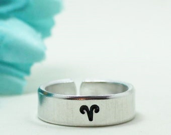 Aries Ring, Personalized Ring, Adjustable Ring, Hand Stamped Ring, Zodiac Ring, Aluminum Ring, Adjustable Ring, Zodiac Gift, Astrology Ring