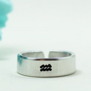 Aquarius Ring, Personalized Ring, Adjustable Ring, Hand Stamped Ring, Zodiac Ring Gift, Aluminum Ring, Adjustable Ring, Zodiac Jewelry Gift