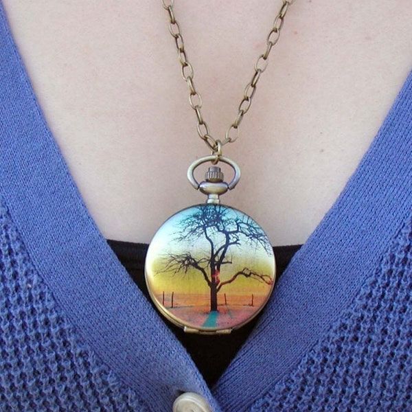 Tree Necklace, Charm Necklace, Watch Necklace, Sunset Necklace, Watch Jewelry, Watch Pendant, Long Necklace, Bronze Jewelry, Willow Tree