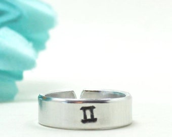 Gemini Ring, Personalized Ring, Adjustable Ring, Hand Stamped Ring, Zodiac Ring Gift, Aluminum Ring, Adjustable Ring, Zodiac Jewelry Gift