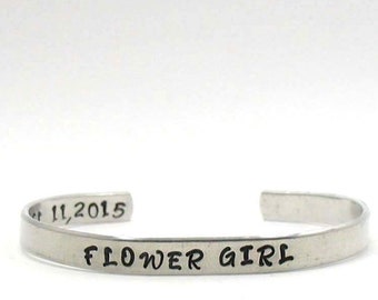 Flower Girl Bracelet Cuff, Wedding Bracelet, Bridal Party Cuff, Handstamped Cuff, Personalized Gift, Gift Under 25, Aluminum Bracelet Gift