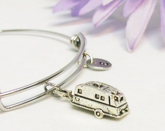 Camping Bracelet, Camping Bangle, Glamping Jewelry, Expandable Bracelet, Camper Bangle Gift, Happy Camper Charms, Travel Trailer Bracelet