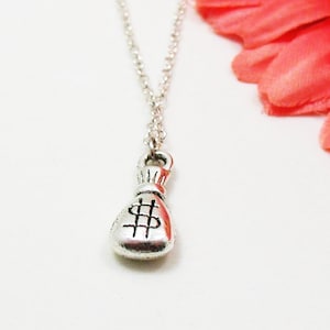 Silver Moneybag Necklace, Money Purse Necklace, Moneybag Pendant, Bank Bag Necklace, Dollar Sign, Banker Necklace, Coin Bag, Cashier Charm