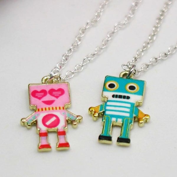 Robot Necklace Set, Long Distance Relationship, Geek Necklace, Miniature Robot, Geek Jewelry, Best Friend Necklace, His And Her Necklaces