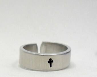 Cross Ring, Personalized Ring, Girlfriend Ring, Inspirational Ring, Hand Stamped Ring, Aluminum Ring, Adjustable Ring, Religious Jewelry