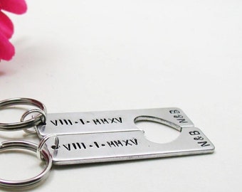 Roman Numeral Keychains, Engraved Keychains, Couples Keychain, His And Her Keychain Gift, Personalized Keychain Set, Wedding Key Chain Set