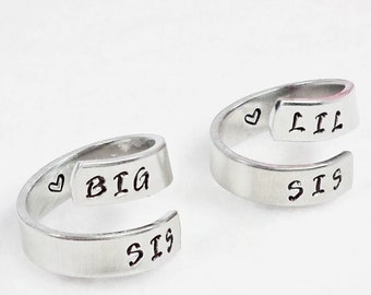 Big Sis Lil Sis Ring, Two Personalized Rings, Spiral Ring, Big Sister Little Sister Rings, Custom Rings, Adjustable Ring, Sister Jewelry