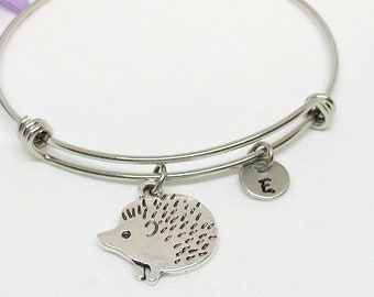 Hedgehog Bangle, Hedgehog Bracelet, Custom Initial Bracelet, Personalized Bracelet, Hedgehog Lover Gift, Hedgehog Gift, Animal Lover Gift