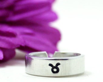 Taurus Ring, Personalized Ring, Adjustable Ring, Hand Stamped Ring, Zodiac Ring Gift, Aluminum Ring, Adjustable Ring, Zodiac Jewelry Gift