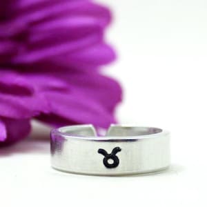 Taurus Ring, Personalized Ring, Adjustable Ring, Hand Stamped Ring, Zodiac Ring Gift, Aluminum Ring, Adjustable Ring, Zodiac Jewelry Gift