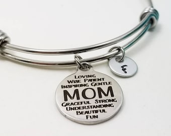 Mom Bangle Bracelet, Mom Bracelet, Expandable Charm Bracelet, Initial Bracelet, Sister Gift, New Baby Shower Gift, Mothers Day Bracelet Gift