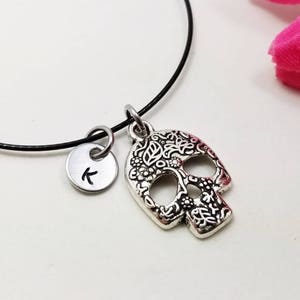 Silver Skull Bangle, Skull Bracelet, Initial Bracelet, Personalize Bracelet, Skull Bangle Bracelet, Day of the Dead Necklace, Steampunk Gift