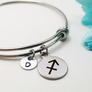 Zodiac Bracelet, Zodiac Bangle, Initial Charm, Charm Bracelet, Sagittarius Bracelet, Personalized Gift, Custom Bangle, Birthday Bracelet
