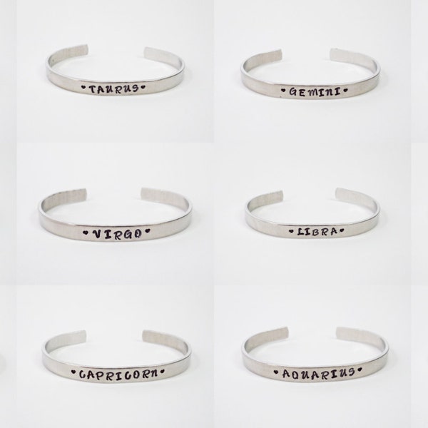 Zodiac Bracelet Cuff, Personalized Bracelet, Zodiac Sign Cuff, Handstamped Cuff, Zodiac Sign Bracelet, Astrology Gift, Custom Birthday Gift