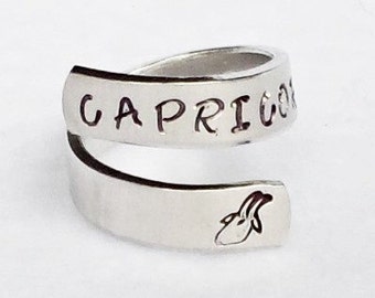 Capricorn Ring, Personalized Ring, Custom Ring, Hand Stamped Ring, Astrology Ring, Adjustable Ring, Astrological Gift, Capricorn Zodiac Ring