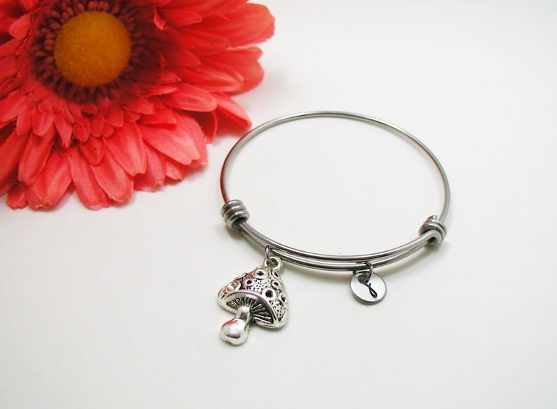 Mushroom Bracelet Silver Mushroom Bracelet Initial Charm | Etsy