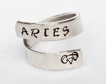 Aries - Personalized Zodiac Ring - Personalized Ring - Custom Ring -Handstamped Ring -Astrology Ring -Adjustable Ring - Astrological Gift
