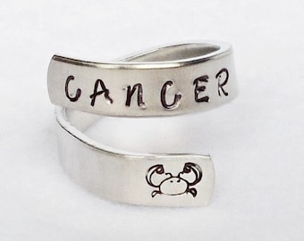 Cancer Ring, Personalized Zodiac Ring, Personalized Ring, Custom Ring, Hand Stamped Ring, Astrology Ring, Adjustable Ring, Astrological Gift