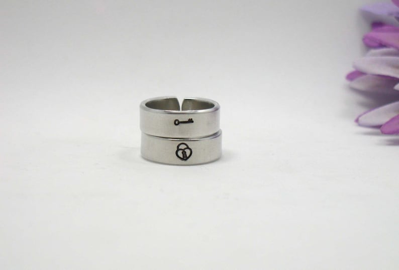 Silver Ring Personalized Ring Key and Lock Rings Adjustable Ring Lock and Key Rings Two Personalized Rings Handstamped Rings