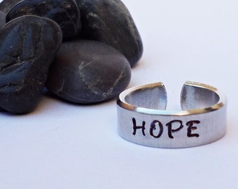 Hope Ring, Personalized Ring, Inspirational Ring, Hand Stamped Ring, Aluminum Ring, Adjustable Ring, Faith Ring, Custom Ring, Hope Jewelry