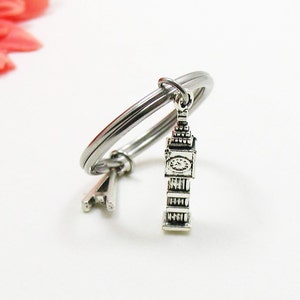 May include: A silver-colored bracelet with a Big Ben charm. The charm is a detailed miniature of the iconic clock tower. The bracelet is on a white surface, with a blurred pink flower in the background.