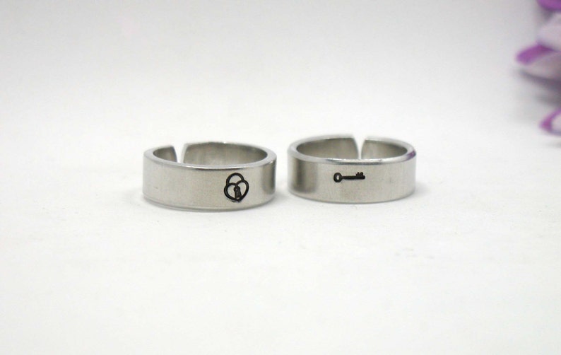 Silver Ring Personalized Ring Key and Lock Rings Adjustable Ring Lock and Key Rings Two Personalized Rings Handstamped Rings