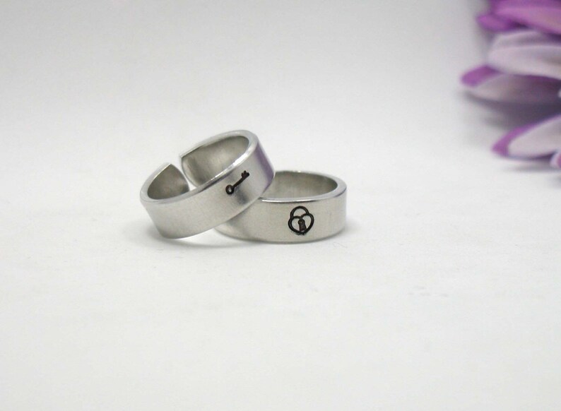 Lock and Key Ring Set, Two Personalized Rings, Key and Lock Rings, Hand Stamped Rings, Adjustable Ring, Best Friend Rings, Personalized Ring image 1