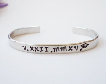 Roman Numeral Bracelet, Custom Bracelet, Personalized Bracelet, Graduation Gift, Bracelet Cuff, Aluminum Cuff, Skinny Cuff, Unique Jewelry