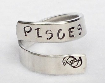 Pisces Ring, Personalized Zodiac Ring, Personalized Ring, Custom Ring, Hand Stamped Ring, Astrology Ring, Adjustable Ring, Astrological Gift