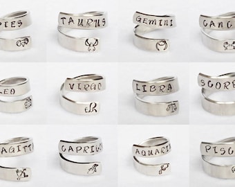 Personalized Zodiac Ring, Personalized Ring, Custom Ring, Hand Stamped Ring, Astrology Ring, Adjustable Ring, Astrological Gift, Zodiac Gift