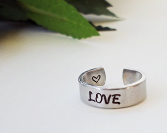 Love Ring, Personalized Ring, Promise Ring, Handstamped Ring, Girlfriend Gift, Aluminum Ring, Adjustable Ring, Valentine Gift, Ring Jewelry