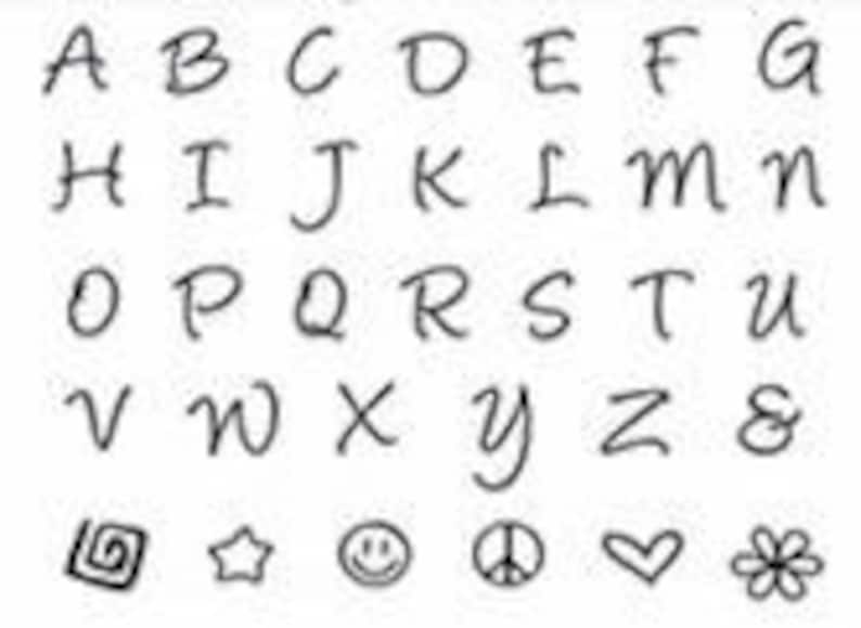 May include: A black and white alphabet with cursive letters, ampersand, and symbols including a spiral, star, smiley face, peace sign, heart, and flower.