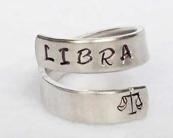 Libra Ring, Personalized Zodiac Ring, Personalized Ring, Custom Ring, Hand Stamped Ring, Astrology Ring, Adjustable Ring, Astrological Gift