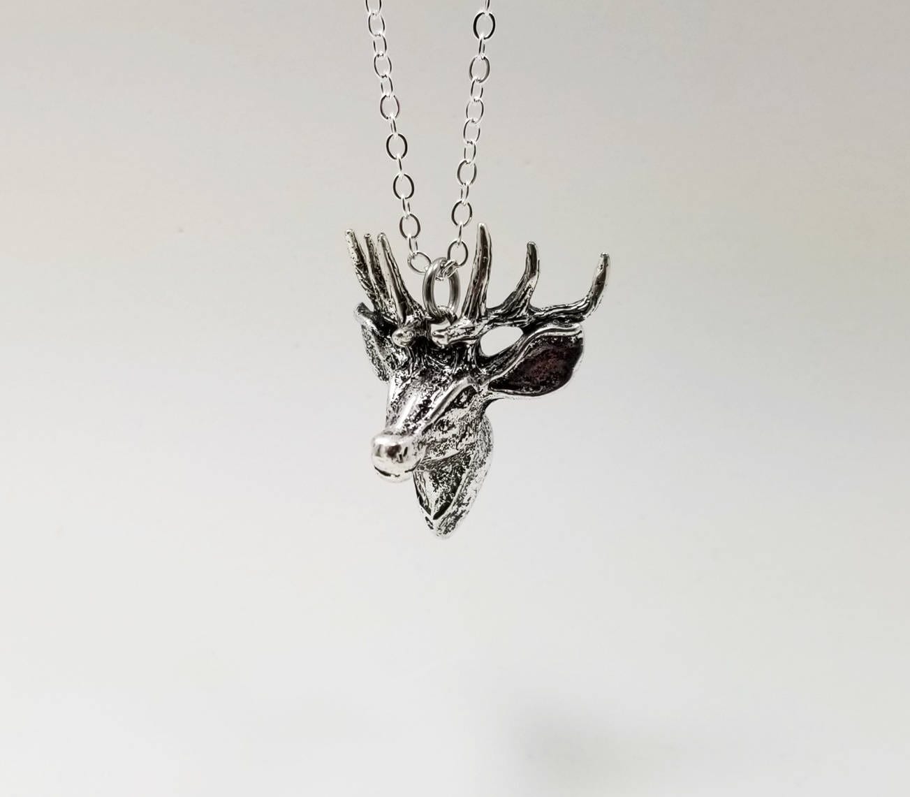 Deer Necklace Charm Necklace Deer Head Pendant Silver Etsy