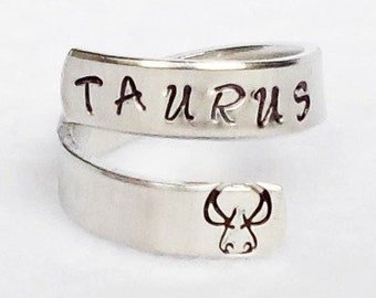 Taurus Ring, Personalized Zodiac Ring, Personalized Ring, Custom Ring, Hand Stamped Ring, Astrology Ring, Adjustable Ring, Astrological Gift