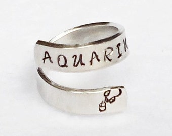Aquarius Ring, Personalized Zodiac Ring, Personalized Ring, Custom Ring, Hand Stamped Ring, Astrology Ring, Adjustable Ring, Astrological