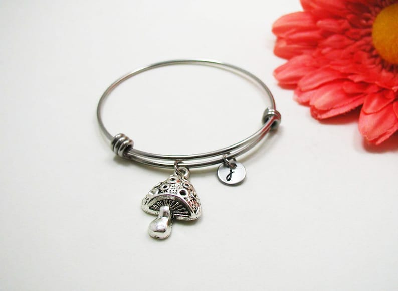 Mushroom Bracelet Silver Mushroom Bracelet Initial Charm | Etsy