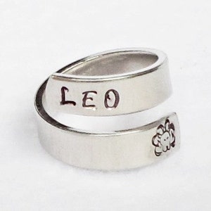 Leo Ring, Personalized Zodiac Ring, Personalized Ring, Custom Ring, Hand Stamped Ring, Astrology Ring, Adjustable Ring, Astrological Gift image 1