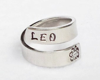 Leo Ring, Personalized Zodiac Ring, Personalized Ring, Custom Ring, Hand Stamped Ring, Astrology Ring, Adjustable Ring, Astrological Gift