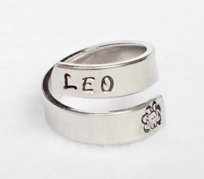 Leo Ring, Personalized Zodiac Ring, Personalized Ring, Custom Ring, Hand Stamped Ring, Astrology Ring, Adjustable Ring, Astrological Gift image 1