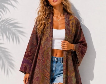Burgundy Paisley Cotton Kimono Jacket with Tassels,Bohemian Open Front Cardigan,Oversized Boho Duster Coat,Festival Cotton Jacket for