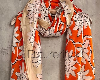 White Flowers Silk Blend Scarf/ Orange Scarf/Spring Summer Autumn Scarf/Scarf Women/Gifts For Mom/Gifts For Her Birthday Christmas/UK Seller