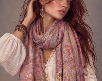 Cream Paisley Autumn Winter Scarf, Blush Pink Floral Cotton Viscose Shawl with Fringe for Women, Ideal Gifts for Her