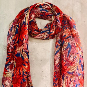 ECO Friendly Sketched Sunflowers Organic Cotton Red Scarf/Spring Summer Autumn Scarf/Gifts For Mother/Birthday Christmas Gifts/UK Seller